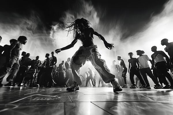 a-group-of-people-dancing-in-a-black-and-white-photo